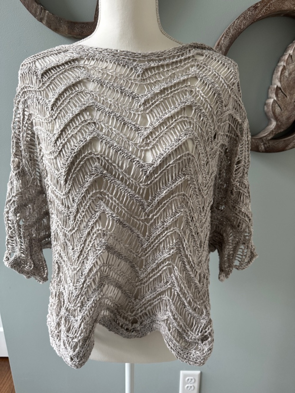 Eileen Fisher Open-Knit Chevron Scoop Neck Sweater - Taupe Grayish Size XL